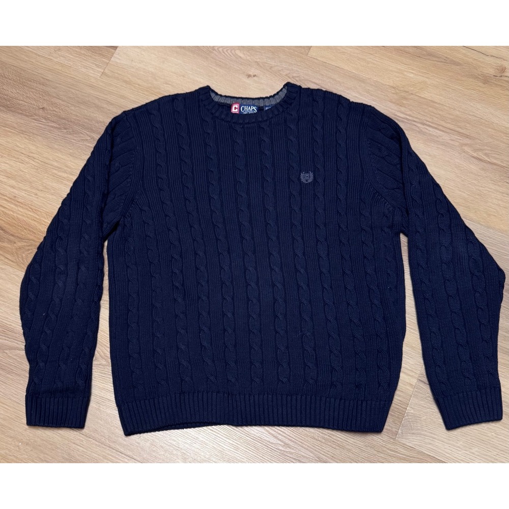 Chaps Mens XL Navy Blue Cable Knit Cotton Crew Neck Pullover Sweater Long Sleeve